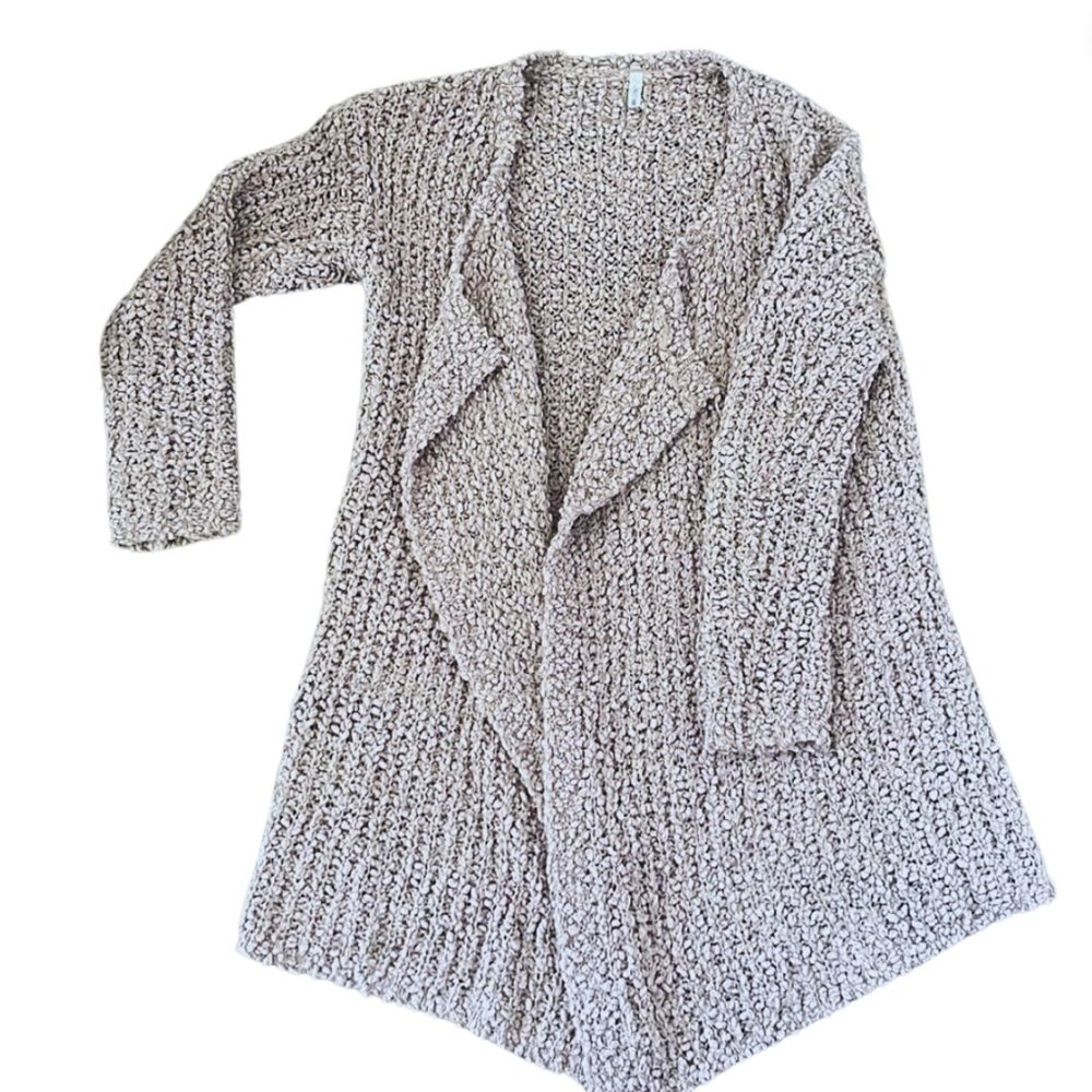 Casual Solid Long Crochet Style Beige Cardigan Overcoat Comfy and Cozy